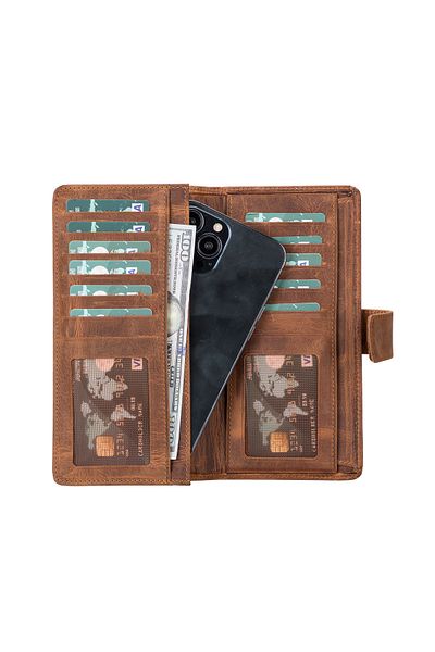 Lev Leather Портфейл от естествена кожа за мъже и жени - отделение за телефон, държач за кредитна карта, гравиране на име