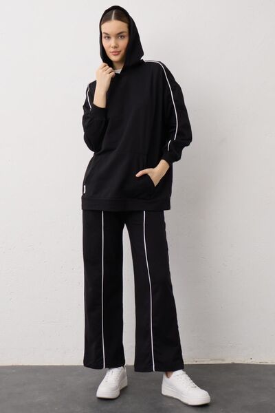 Basicpark Black Label Detailed Hooded Kangaroo Pocket Cotton Knitted Bottom and Top Set