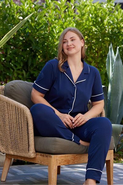 PİJAMOOD Indigo Cotton Short Sleeve Large Size Pajama Set - Front Buttoned and Piping