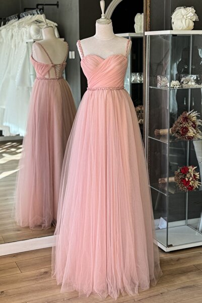 Lenta Moda Pudra Drapeli Ve Inci Detaylı Tül Abiye & Nikah Elbisesi