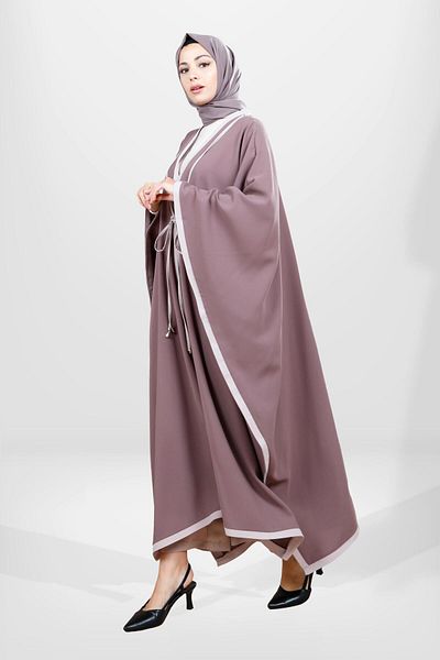 Beyza Καφέ Μοντέλο Νυχτερίδας με κορδόνια Hijab Poncho - 3779