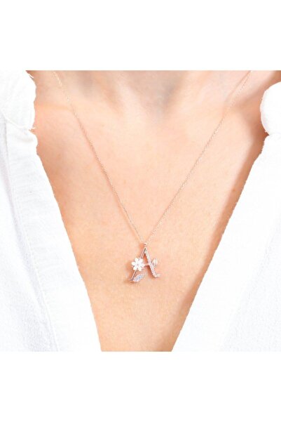 Mia Vento Işıltılı Manolya Çiçeği A Harfi Rose Renk Gümüş Harfli Kolye