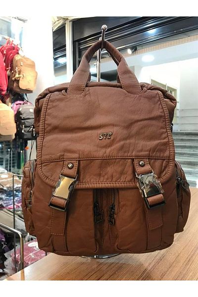571 Collections Çanta Tan Washed Leather Backpack - 571-1-5A