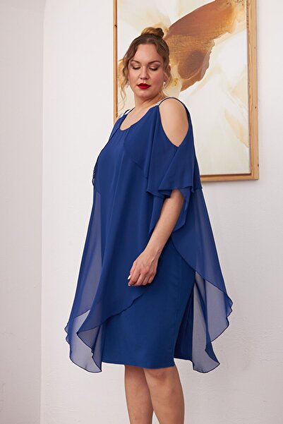 RMG Shoulder Stone Detailed Chiffon Large Size Saks Dress (Wide Size, Choose 1 Size Smaller)