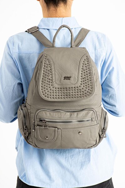 571 Collections Çanta Gray Washed Leather Backpack - Model 571-9-11D