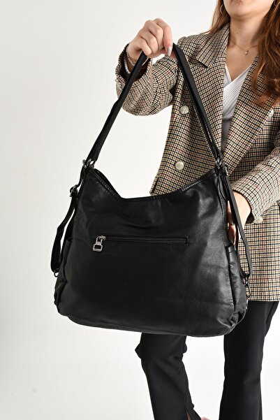 571 Collections Çanta Black Leather Washed Shoulder Bag - Both Back and (Model: 571-9-10D)
