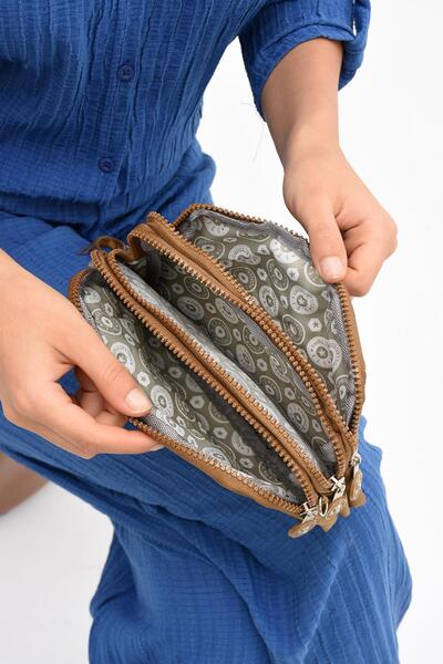 571 Collections Çanta Θήκη τηλεφώνου Tan Wallet - Σταυρός ιμάντας και τρία διαμερίσματα (Μοντέλο: 571-15E)