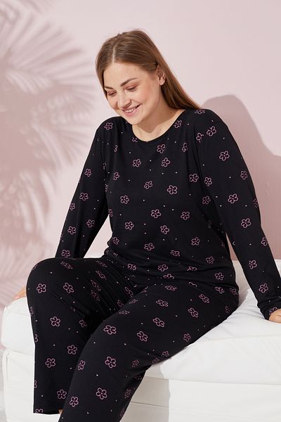 Siyah İnci Set de pijamale din bumbac cu imprimeu floral negru de marime mare