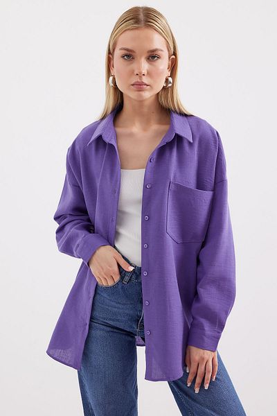 Bigdart 20153 Cămașă de in oversize violet - un singur buzunar