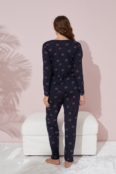 Siyah İnci Cotton Pajama Set - Navy Blue, Pink Floral Pattern