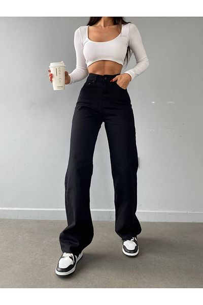 Shield Life Tessa Gold Icon 90s - Μαύρο Lycra, Ψηλόμεσο Palazzo Loose Jean Παντελόνι