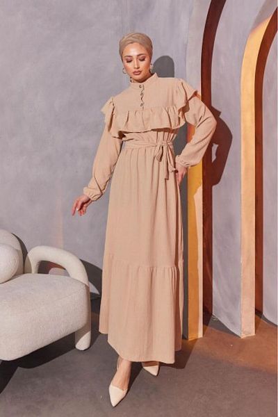 HİFADEN Μακρύ γυναικείο φόρεμα Hijab με βολάν και κουμπιά με ζώνη