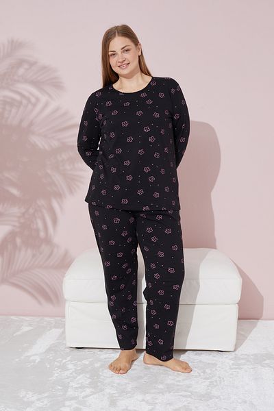 Siyah İnci Set de pijamale din bumbac cu imprimeu floral negru de marime mare