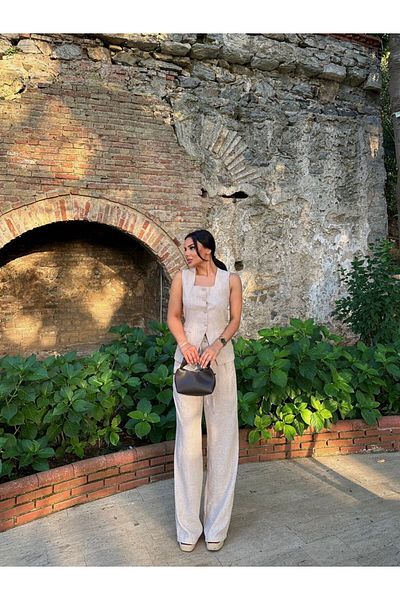ZF BUTİK Linen Set - Vest and Trousers, Square Collar