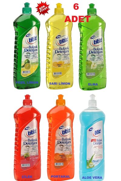 Titiz Sıvı Bulaşık Deterjanı 750ML x "6 ADET" (Yeşil limon-Sarı Limon-Elma-Po...