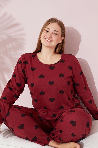 Siyah İnci Large Size Oversize Knitted Cotton Pajama Set - Burgundy Black Heart Patterned Curve