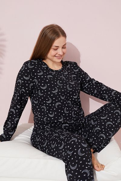 Siyah İnci Curve Patterned Black Plus Size Cotton Pajamas Set