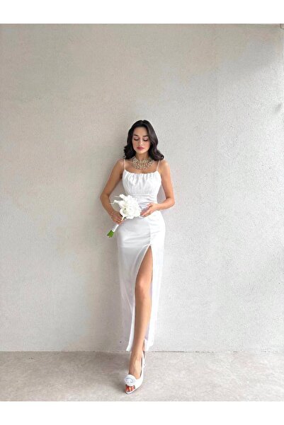 popibutik YIRTMAÇ DETAYLI ASKILI SATEN ELBİSE