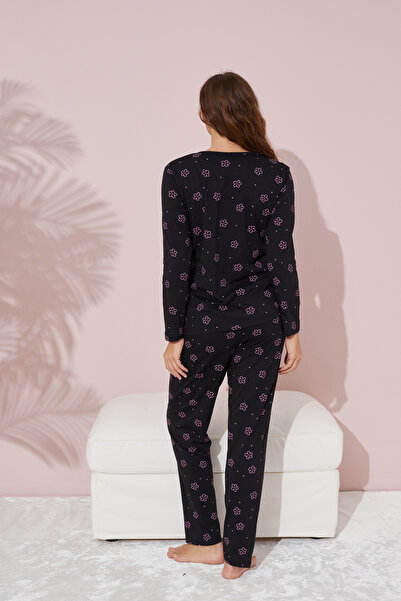 Siyah İnci siyah pembe çiçek desenli Pamuklu Pijama Takımı