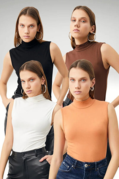 Ladima Set of 4 Black White and Salmon Sleeveless Women's Blouse