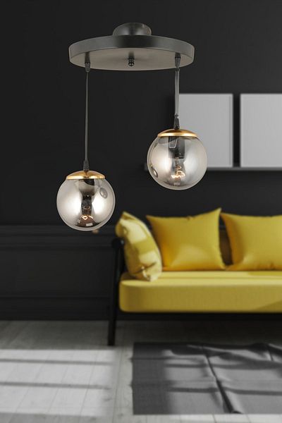 Kraliçe Pendant Lamp Tray Black 2-Piece Smoked Globe Glass Flat Downward Facing Luxury Chandelier