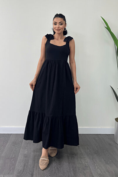 giyimmasalı Keten Kumaş Omuzu Fiyonk Detaylı Elbise - SİYAH