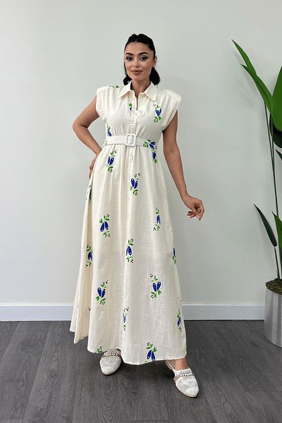 giyimmasalı Linen Dress - Button Detail, CREAM