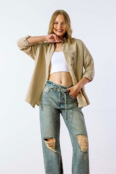 BROWN SARTO Kadın Oversize Nakışlı Uzun Basic Gömlek