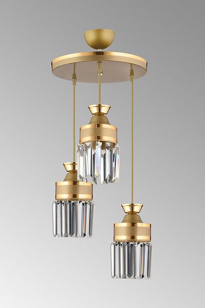 SONSUZ AYDINLATMA&AVİZE Tokyo 3-Piece Antique Pendant Lamp Crystal Stone Yellow Striped Cylinder Downward Facing Luxury Chandelier