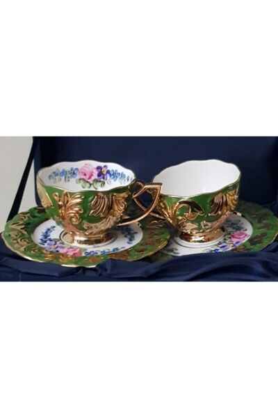 BY.RAYKA PORSELEN El Dekor Porselen El Boyama Ikili Kahve Fincan Takimi