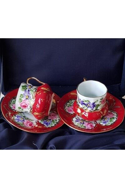 BY.RAYKA PORSELEN El Dekor Porselen El Boyama İkili Kahve Fincan Seti