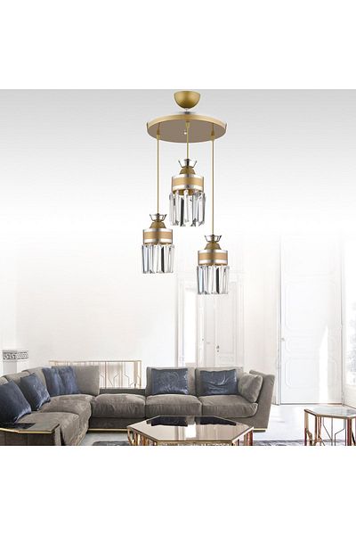 SONSUZ AYDINLATMA&AVİZE Tokyo 3-Piece Antique Pendant Lamp Crystal Stone Chrome Striped Cylinder Downward Facing Luxury Chandelier