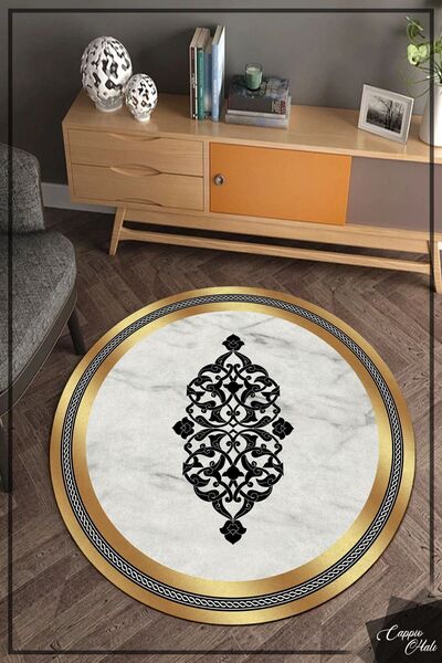 CAPPİO HALI Gold Çerçeveli Mermer Zeminli Yuvarlak Halı (MAKİNADA YIKANABİLİR...