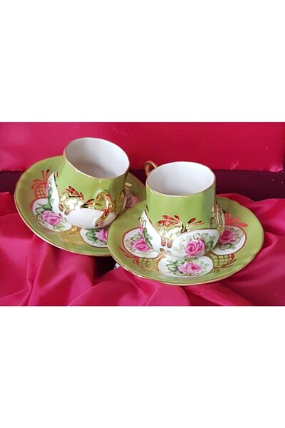 BY.RAYKA PORSELEN El Dekor Saray Porcelain Hand Painting Set of 2 Coffee Cups