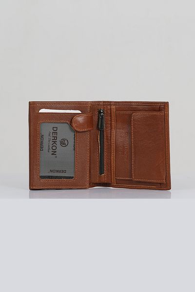 DERKON Tan Genuine Leather Men's Wallet with Additional Zipper