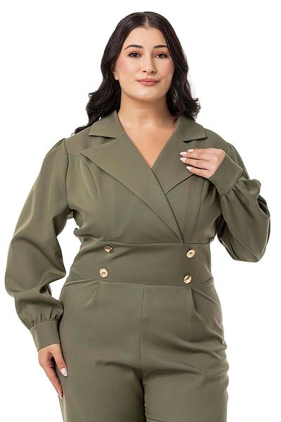 DISENTIS MODEST Khaki Plus Size Jumpsuit - Double Breasted Collar, Metal Button and Zipper