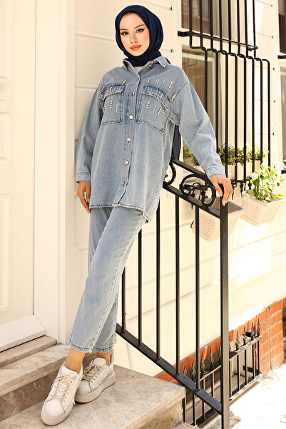 benguen Μοντέλο 1443 - Σετ Μπλε Τζιν με πέτρινη λεπτομέρεια