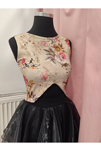 Due Stelle Beige Crop Floral Patterned Low-cut Waist