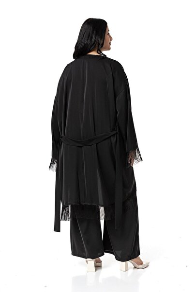 DISENTIS MODEST Plus Size Black Tassel Jacket and Pants Set