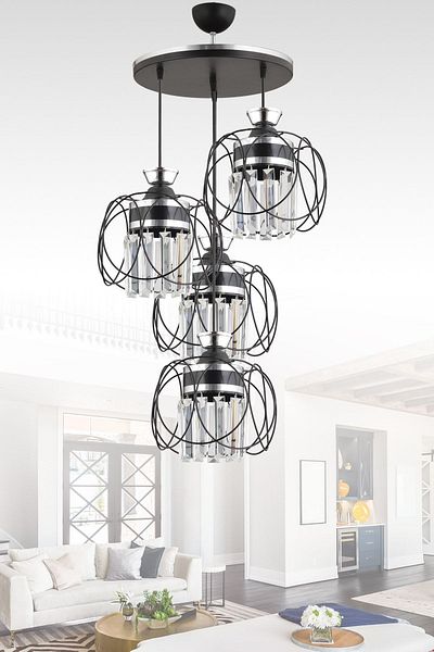 Docklight Pendant Lamp Tray Black 4-Piece Sun Chrome Crystal Stone Downward Facing Luxury Chandelier