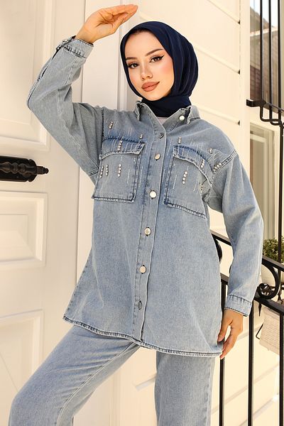 benguen 1443 Model - Blue Denim Set with Stone Detail