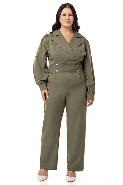 DISENTIS MODEST Khaki Plus Size Jumpsuit - Double Breasted Collar, Metal Button and Zipper