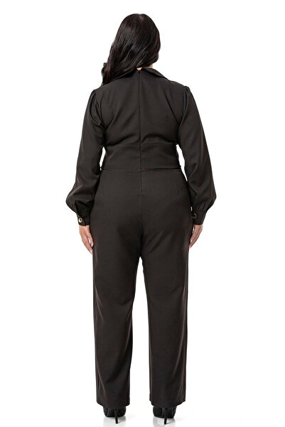 DISENTIS MODEST Plus Size Black Jumpsuit - Double Breasted Collar, Metal Buttons and Zipper
