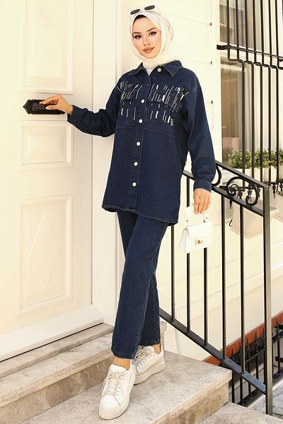 benguen 1443 Model Navy Blue Jeans Set - Stone Detailed