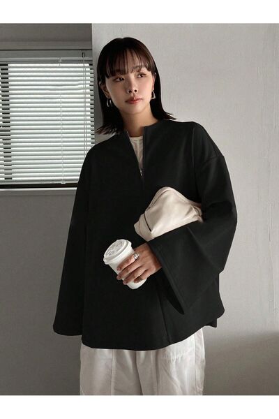 Trendseninle Black Spanish Sleeve Zip Modest Women's Blouse