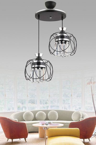 Docklight Pendant Lamp Tray Black 2-Piece Sun Chrome Crystal Stone Downward Facing Luxury Chandelier