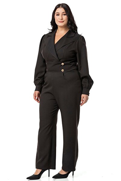 DISENTIS MODEST Plus Size Black Jumpsuit - Double Breasted Collar, Metal Buttons and Zipper