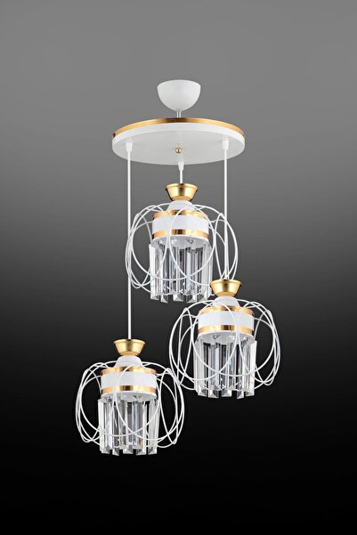 Genel Markalar Sarkıt Tepsi Beyaz 3'lü Güneş Sarı Kristal Taşlı Aşağı Bakan Lüks Avize