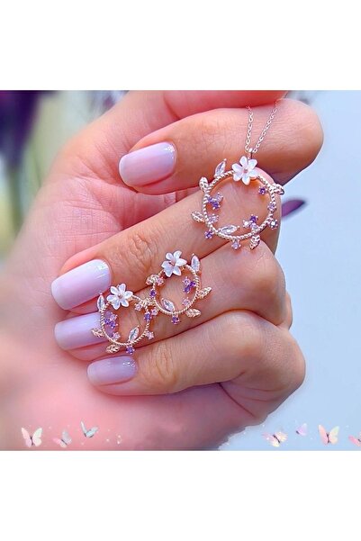 Mia Vento Manolya Çiçeği Mutluluk Haresi Rose Renk Flowers Gümüş Ikili Set