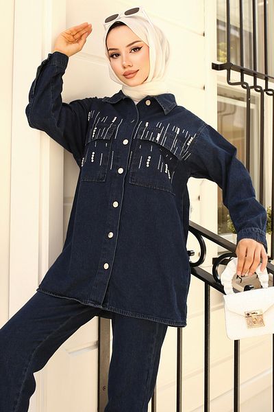 benguen 1443 Model Navy Blue Jeans Set - Stone Detailed
